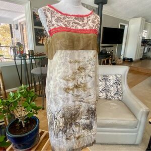 ‘Save The Queen’ Red, Cream and Deep Green Artistic Midi Dress.. Size M